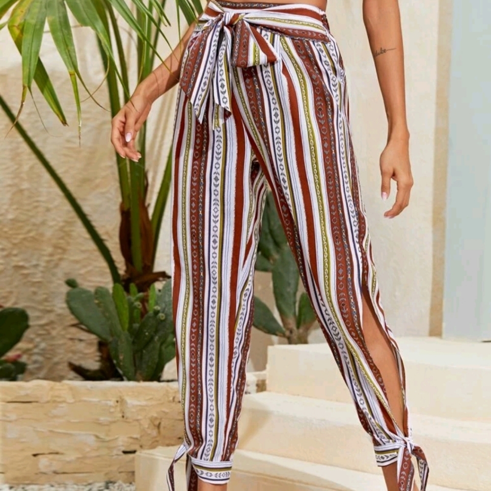 SOLD✅️Tie Waist Split knot Hem Tribal Print Pants